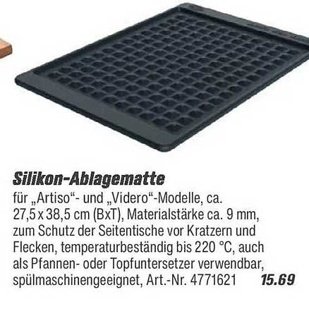Silikon-Ablagematte für „Artiso“ - und „Videro“-Modelle, ca. 27,5 x 38,5 cm (BxT), Materialstärke ca. 9 mm, zum Schutz der Seitenscheibe vor Kratzern und Flecken, temperaturbeständig bis 220 °C, auch als Pfannen- oder Topfuntersetzer verwendbar, spülmasch