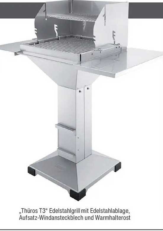 „Thüros T3“ Edelstahlgrill mit Edelstahlablage, Aufsatz-Windansteckblech und Warmhalterost