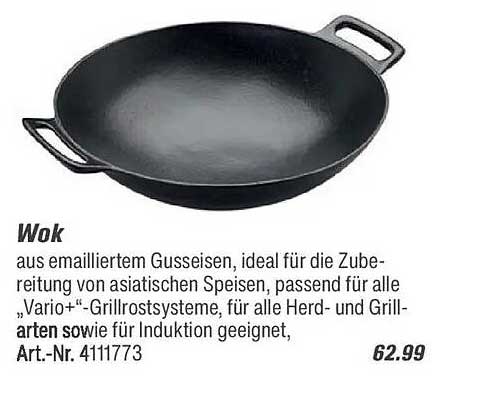 Wok aus emailliertem Gusseisen, ideal für die Zubereitung von asiatischen Speisen, passend für alle „Vario+“-Grillrostsysteme, für alle Herd- und Grillarten sowie für Induktion geeignet, Art.-Nr. 4111773