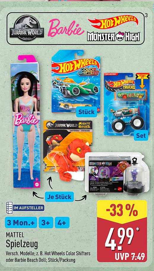 Diverse Spielzeuge von Mattel, z. B. Hot Wheels Color Shifters oder Barbie Beach Doll