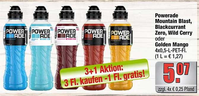 Powerade Mountain Blast, Blackcurrant Zero, Wild Cerry oder Golden Mango 4x0,5-L-PET-FI.
