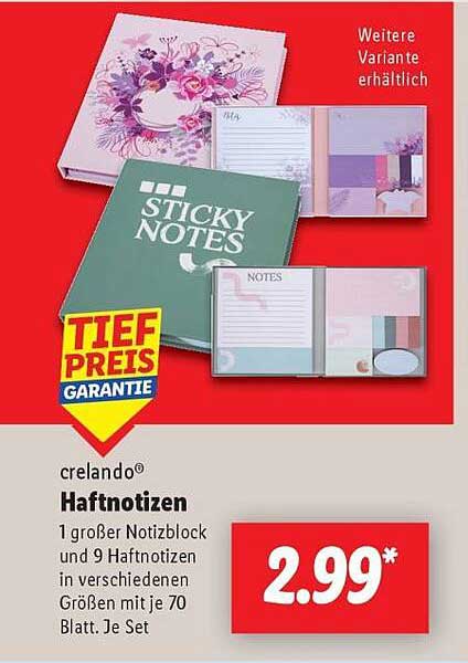 crelando® Haftnotizen - 1 großer Notizblock und 9 Haftnotizen in verschiedenen Größen
