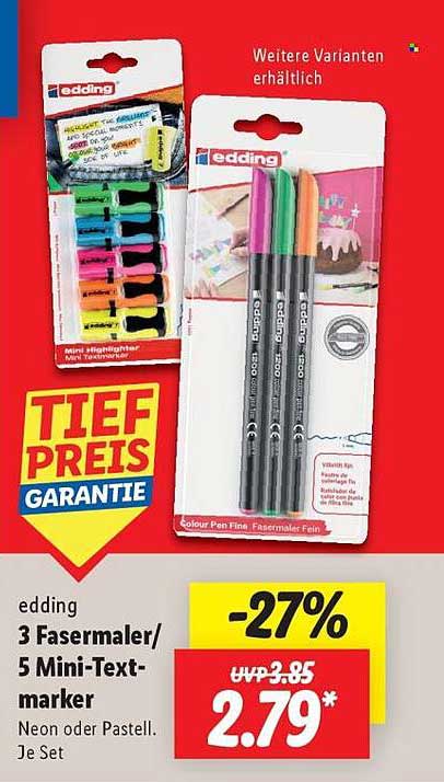 Edding 3 Fasermaler / 5 Mini-Textmarker - Neon oder Pastell - Je Set
