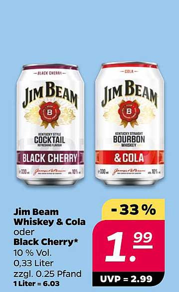 Jim Beam Whiskey & Cola oder Black Cherry 0,33 Liter