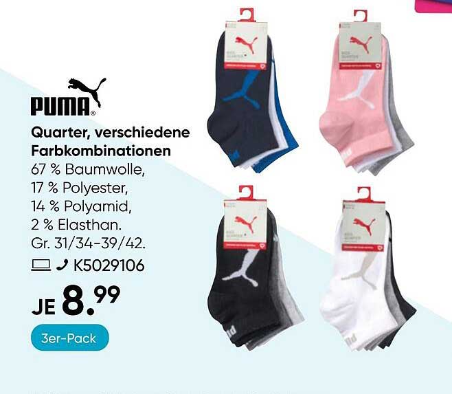 PUMA Quarter Socken - 3er-Pack in verschiedenen Farbkombinationen