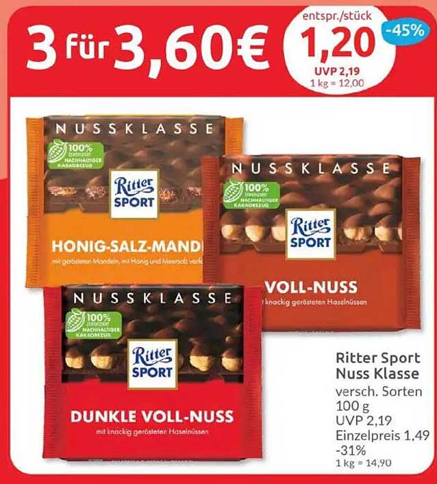 Ritter Sport Nuss Klasse – 3 für 3,60€