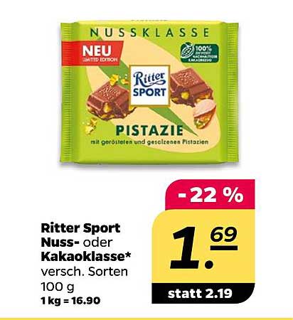 Ritter Sport Nuss- oder Kakaoklasse - Pistazie 100 g