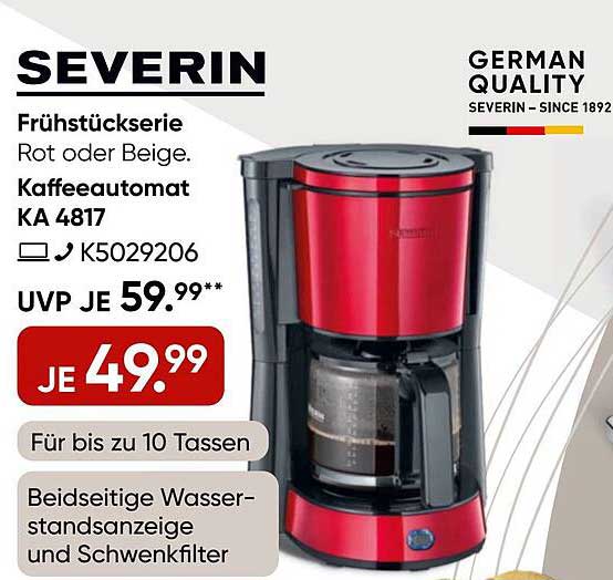 SEVERIN Kaffeeautomat KA 4817 – Frühstücksserie in Rot oder Beige
