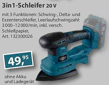 3in1-Schleifer 20 V mit 3 Funktionen: Schwingschleifer, Delta- und Exzenterschleifer