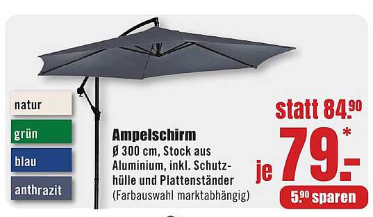 Ampelschirm Ø 300 cm, Stock aus Aluminium, inkl. Schutzhülle und Plattenständer