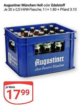 Augustiner München Hell oder Edelstoff - 20 x 0,5 l-MW-Flasche