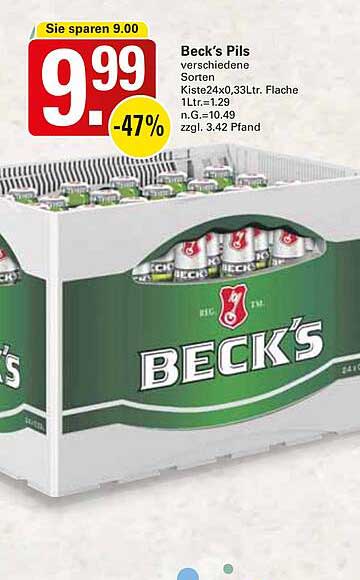 Beck's Pils - 24 Flaschen à 0,33 L für nur 9,99 €