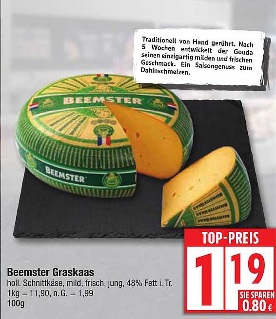 Beemster Graskaas - holl. Schnittkäse, mild, frisch, jung, 48% Fett i. Tr.