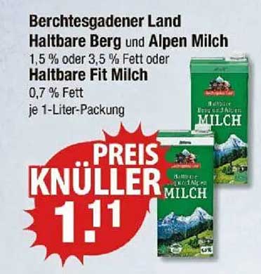 Berchtesgadener Land Haltbare Berg und Alpen Milch 1,5 % oder 3,5 % Fett oder Haltbare Fit Milch 0,7 % Fett je 1-Liter-Packung
