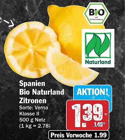 Bio Naturland Zitronen 500 g Netz (Spanien, Sorte: Verna, Klasse II)