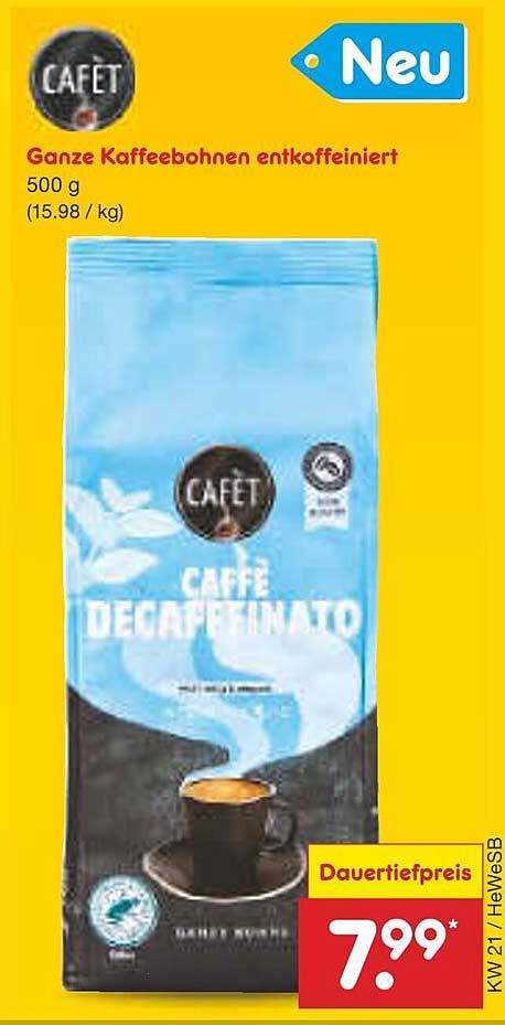 CAFET Ganze Kaffeebohnen entkoffeiniert 500 g