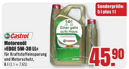 Castrol Motorenöl »EDGE 5W-30 LL« für Kraftstoffeinsparung und Motorschutz, 6 l