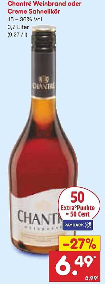 Chantré Weinbrand oder Creme Sahnelikör 0,7 Liter