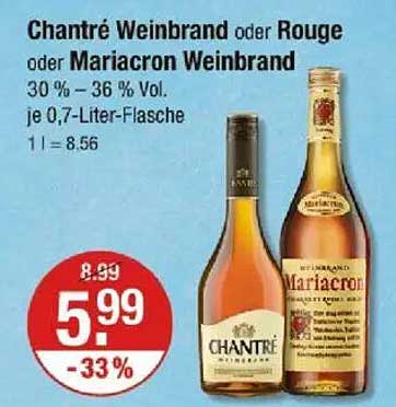 Chantré Weinbrand oder Rouge oder Mariacron Weinbrand 0,7-Liter-Flasche