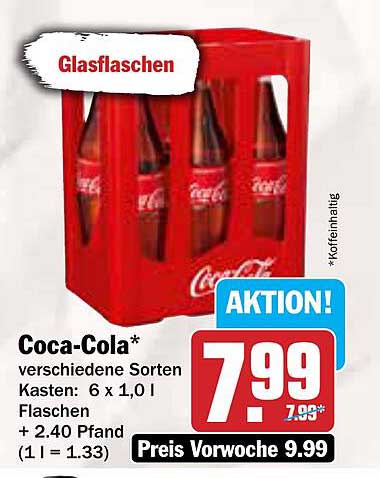 Coca-Cola Glasflaschen 6 x 1,0 l Kasten