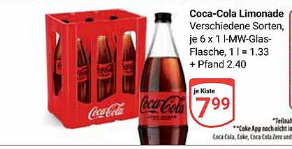 Coca-Cola Limonade 6 x 1 MW-Glas-Flasche