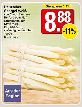 Deutscher Spargel weiß von C. von Laer aus Herford oder Hof Nuttelmann aus Steyerberg, Kl. I, 20-26mm, vielseitig verwendbar