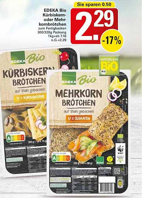 EDEKA Bio Kürbiskern- oder Mehrkornbrötchen zum Fertigbacken