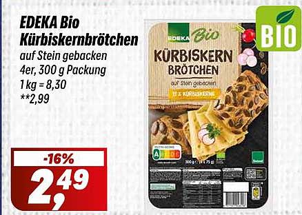 EDEKA Bio Kürbiskernbrötchen auf Stein gebacken, 300 g Packung