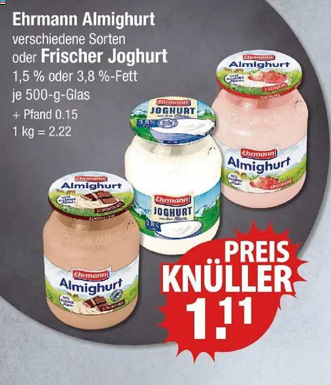Ehrmann Almighurt verschiedene Sorten oder Frischer Joghurt 1,5 % oder 3,8 %-Fett je 500-g-Glas