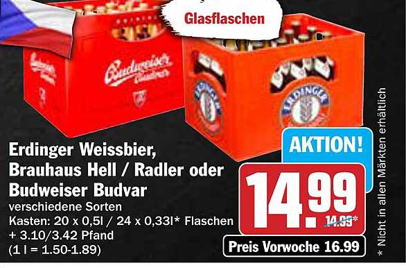 Erdinger Weissbier, Brauhaus Hell / Radler oder Budweiser Budvar - Kasten