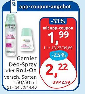 Garnier Deo-Spray oder Roll-On verschiedene Sorten 150/50 ml