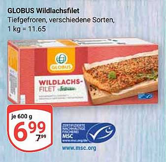 GLOBUS Wildlachsfilet Tiefgefroren, verschiedene Sorten, 600 g für 6,99