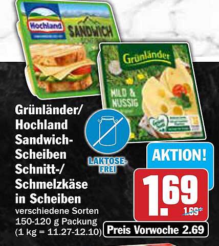Grünländer/Hochland Sandwich-Scheiben Schnitt-/Schmelzkäse in Scheiben
