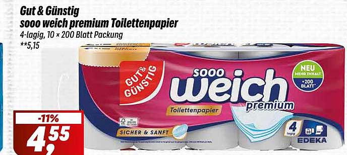 Gut & Günstig soooweich premium Toilettenpapier 4-lagig, 10 x 200 Blatt Packung
