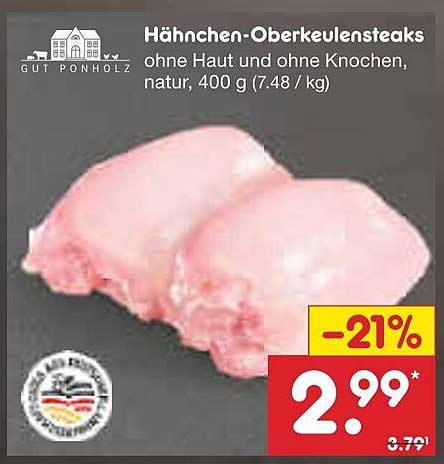 Hähnchen-Oberkeulensteaks ohne Haut und ohne Knochen, natur, 400 g (7.48 €/kg)