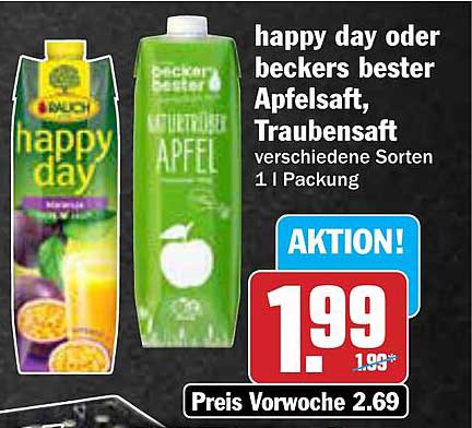 happy day oder beckers bester Apfelsaft, Traubensaft verschiedene Sorten 1 l Packung