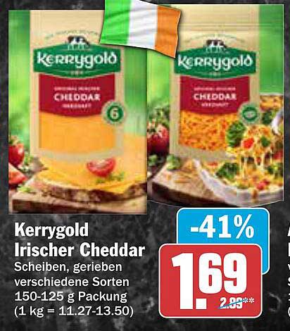 Kerrygold Irischer Cheddar Scheiben, gerieben verschiedene Sorten 150-125 g