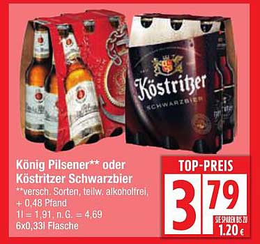 König Pilsener oder Köstritzer Schwarzbier - 6x0,33l Flasche für 3,79€
