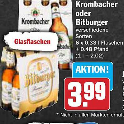 Krombacher oder Bitburger 6 x 0,33 l Glasflaschen