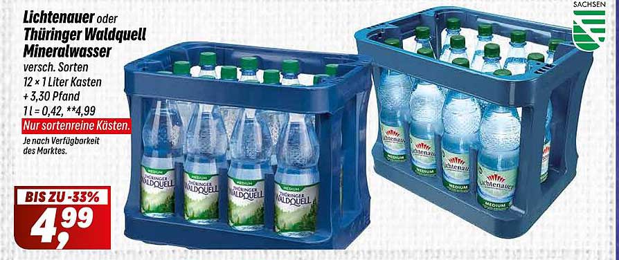 Lichtenauer oder Thüringer Waldquell Mineralwasser 12 x 1 Liter Kasten