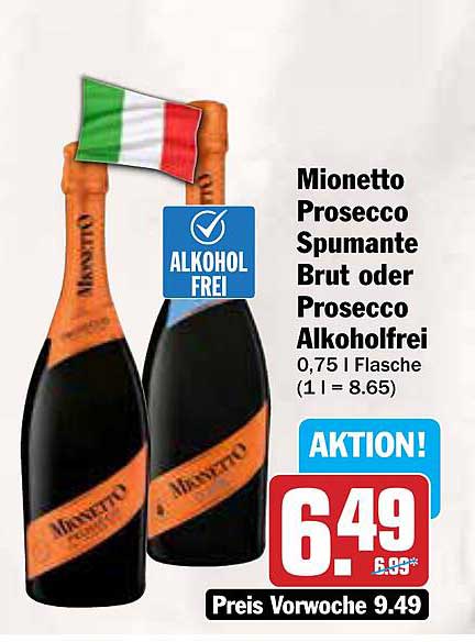 Mionetto Prosecco Spumante Brut oder Prosecco Alkoholfrei 0,75 l Flasche