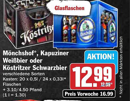 Mönchshof*, Kapuziner Weißbier oder Köstritzer Schwarzbier 20 x 0,5l Kasten