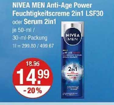 NIVEA MEN Anti-Age Power Feuchtigkeitscreme 2in1 LSF30 oder Serum 2in1 je 50-ml / 30-ml-Packung