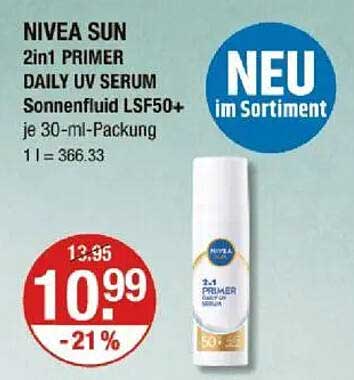 NIVEA SUN 2in1 PRIMER DAILY UV SERUM Sonnenfluid LSF50+ je 30-ml-Packung