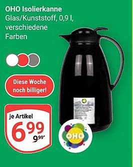 OHO Isolierkanne Glas/Kunststoff, 0,9 l, verschiedene Farben