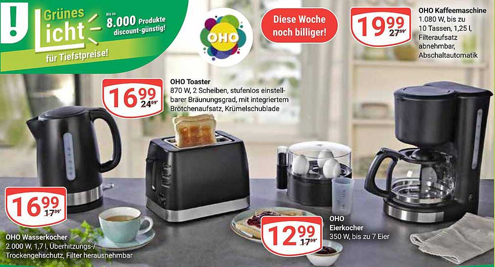 OHO Kaffeemaschine 1.080 W, bis zu 10 Tassen, 1,25 l, Filteraufsatz abnehmbar, Abschaltautomatik