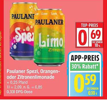 Paulaner Spezi, Orangen- oder Zitronenlimonade 0,33l DPG-Dose