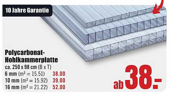 Polycarbonat-Hohlkammerplatte 250 x 98 cm