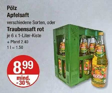 Pölz Apfelsaft oder Traubensaft rot - 6 x 1-Liter-Kiste