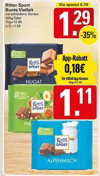 Ritter Sport Bunte Vielfalt - verschiedene Sorten 100g Tafel